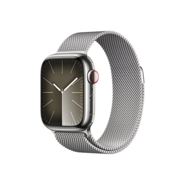 Apple Watch Series 9 GPS + Cellular – 41 mm-es ezüstszínű rozsdamentesacél tok, ezüstszínű milánói szíj