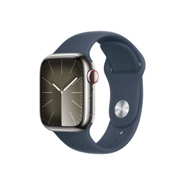 Apple Watch Series 9 GPS + Cellular – 41 mm-es ezüstszínű rozsdamentesacél tok, viharkék sportszíj - S/M