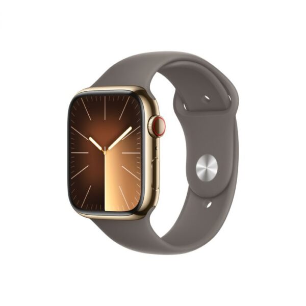 Apple Watch Series 9 GPS + Cellular – 45 mm-es aranyszínű rozsdamentesacél tok, agyag sportszíj - S/M