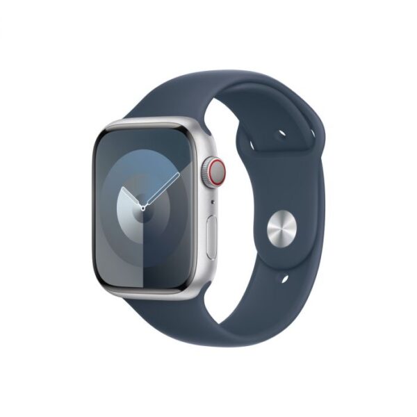 Apple Watch Series 9 GPS + Cellular – 45 mm-es ezüst alumíniumtok, viharkék sportszíj - S/M