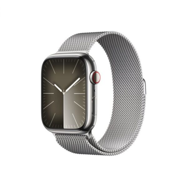 Apple Watch Series 9 GPS + Cellular – 45 mm-es ezüstszínű rozsdamentesacél tok, ezüstszínű milánói szíj
