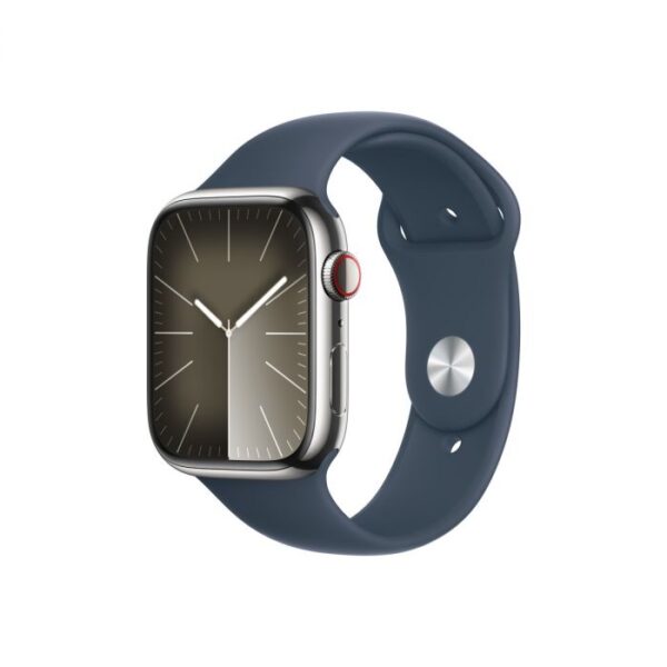 Apple Watch Series 9 GPS + Cellular – 45 mm-es ezüstszínű rozsdamentesacél tok, viharkék sportszíj - S/M