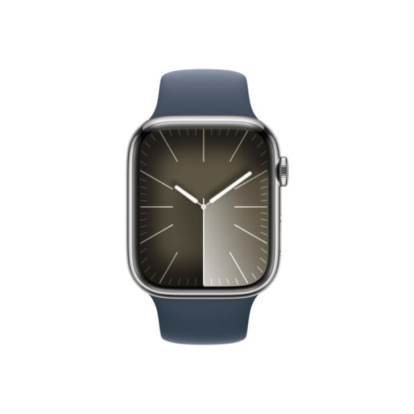 Apple Watch Series 9 GPS + Cellular – 45 mm-es ezüstszínű rozsdamentesacél tok, viharkék sportszíj - S/M