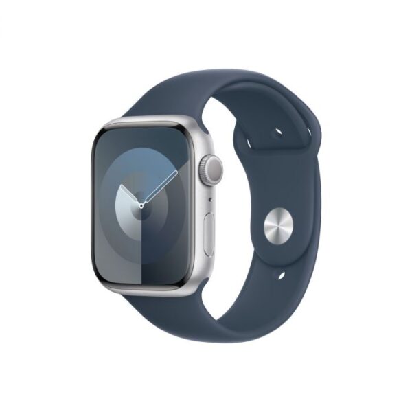 Apple Watch Series 9 GPS – 45 mm-es ezüst alumíniumtok, viharkék sportszíj - M/L