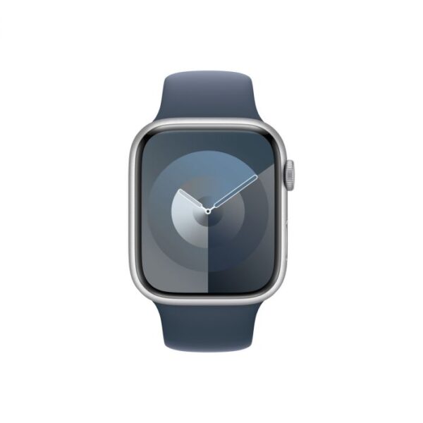 Apple Watch Series 9 GPS – 45 mm-es ezüst alumíniumtok, viharkék sportszíj - S/M