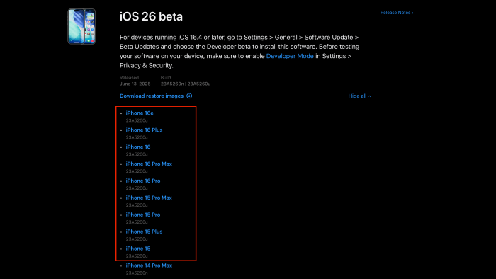 Az iOS 26 betöltési hibáját javító, frissített fejlesztői béta build érkezett tegnap az iPhone 15 és 16 modellekhez