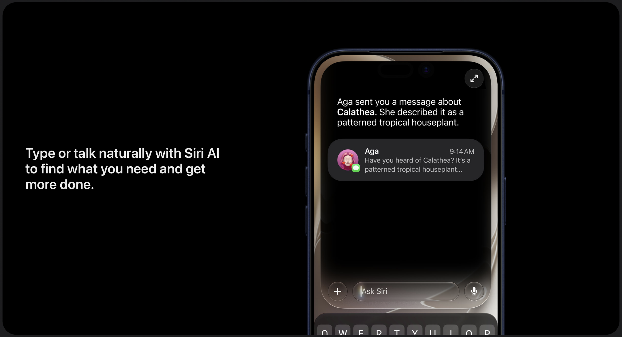 iPhone 17 Pro, mélykék színben, az előlapi kijelzőn egy Siri AI lekérdezés látható a Messages beszélgetésben említett szobanövényről.