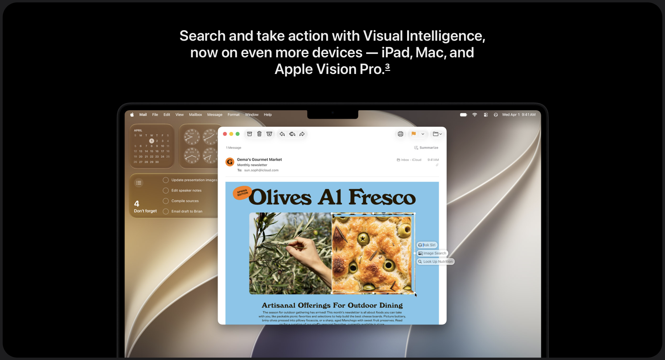 MacBook Pro 14 hüvelyk, asztrofekete színben, a képernyőn egy Vizuális Intelligencia bemutató látható, amely egy e-mailt jelenít meg étel- és fűszernövényképekkel. Egy keret kiemel egy képet olívabogyós kenyérről, és három lebegő műveleti opció jelenik meg: „Kérdezd Siri-t”, „Képkeresés” és „Tápérték megtekintése”.
