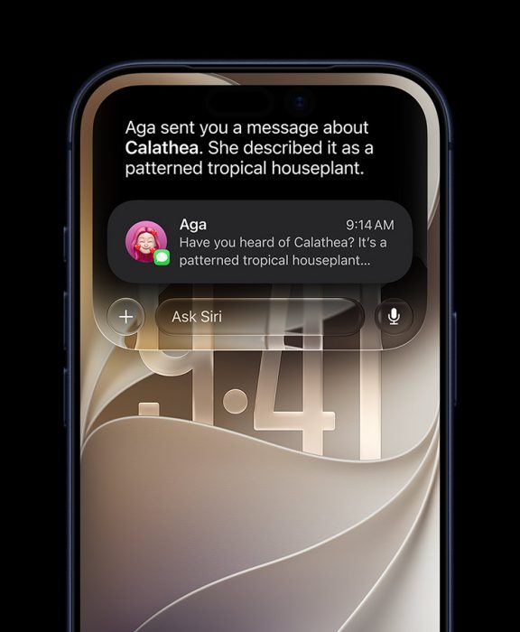 iPhone 17 Pro, mélykék színben, előlapi képernyőn egy Siri AI lekérdezést jelenít meg a Messages beszélgetésben említett szobanövényről.