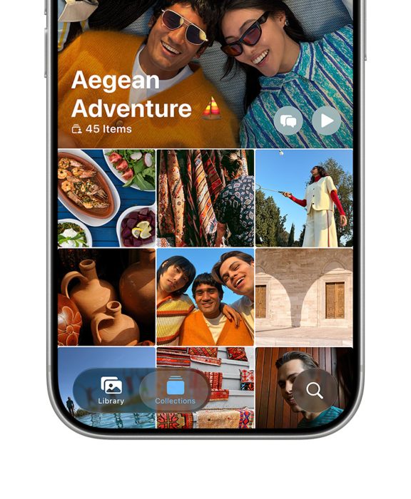 Az iPhone 17 Pro ezüst színben látható, előlapi kijelzőjén egy nyaralási fotókból álló rácsos galéria jelenik meg.