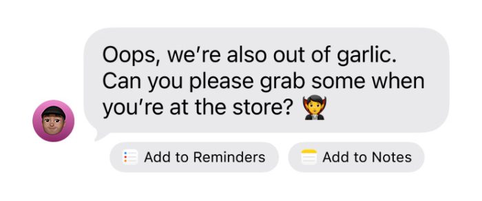 Egy beérkezett iMessage látható, alatta két javasolt műveleti gombbal: „Hozzáadás az emlékeztetőkhöz” és „Hozzáadás a jegyzetekhez”.