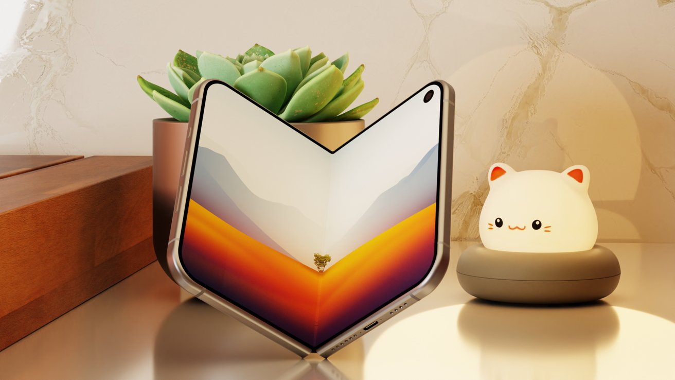 Látványterv: egy V alakban álló, kihajtott iPhone Fold avagy iPhone Ultra egy asztalon, kijelzőjén színes hegyvidéki tájjal; a háttérben zöld pozsgás növény és egy világító, macska alakú éjjeli lámpa látható.