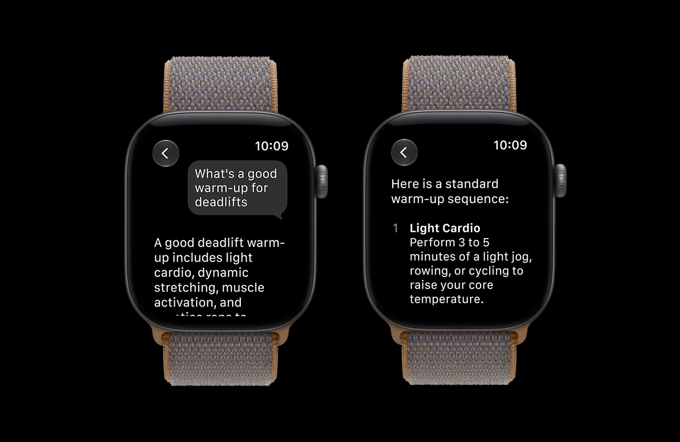 Apple Watch Series 12, természetes titán színben, egy edzéssel kapcsolatos Siri AI-beszélgetést megjelenítő kijelzővel.