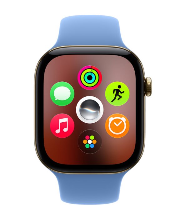 Apple Watch Series 12, titán modell, ragyogó arany színben, a dinamikus alkalmazásrácsot megjelenítő kijelzővel.