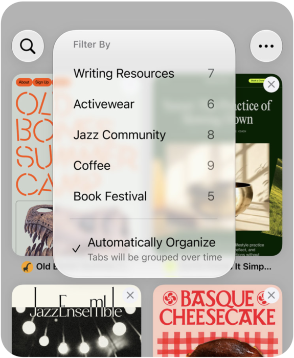 Az iPhone Safari böngészője a Szűrő menüt jeleníti meg olyan kategóriákkal, mint az „Writing Resources” (Írási források), „Activewear” (Sportruházat), „Jazz Community” (Dzsesszközösség), „Coffee” (Kávé) és „Book Festival” (Könyvfesztivál), miközben az „Automatically Organize” (Automatikus rendszerezés) lehetőség van kijelölve.
