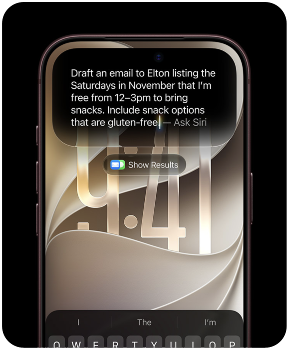 iPhone 18 Pro burgundi színben. A kijelzőn a Siri kérését megadó felület látható ezzel a szöveggel: „Írj egy e-mailt Eltonnak, amelyben felsorolod azokat a novemberi szombatokat, amikor déli 12 és délután 3 óra között ráérek, hogy harapnivalókat vigyek. Gluténmentes harapnivalókat is javasolj.”