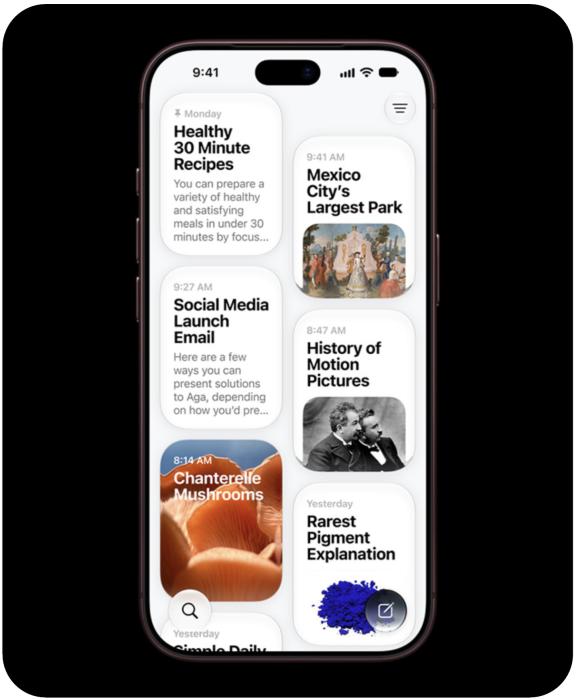 iPhone 18 Pro burgundi színben. A kijelzőn a Siri alkalmazás látható, benne a Siri AI-jal folytatott beszélgetésekkel többek között egészséges, 30 perc alatt elkészíthető receptekről, Mexikóváros legnagyobb parkjáról, közösségimédia-indító e-mailről, a film történetéről, a rókagombáról és a legritkább pigmentről.