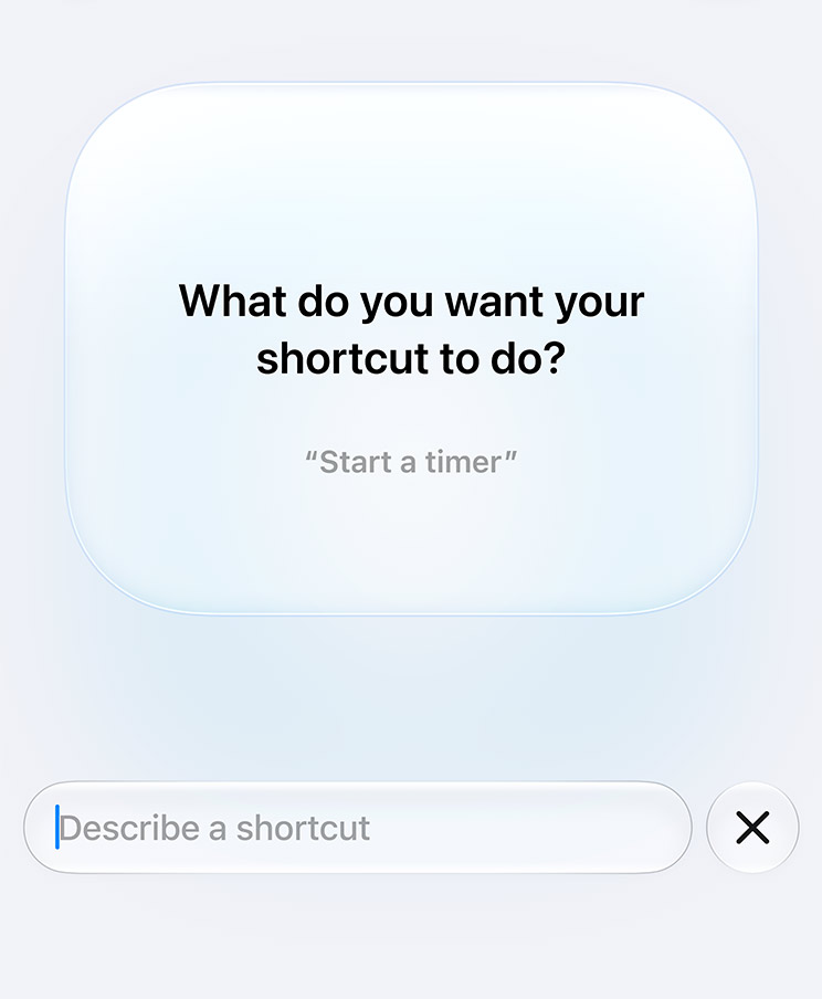 A kijelzőn egy Apple Intelligence-kérdés látható, amely a paranccsal kapcsolatos szándékra kérdez rá: „Mit szeretne végrehajtani a paranccsal?” A példa a következő: „Indíts időzítőt.”