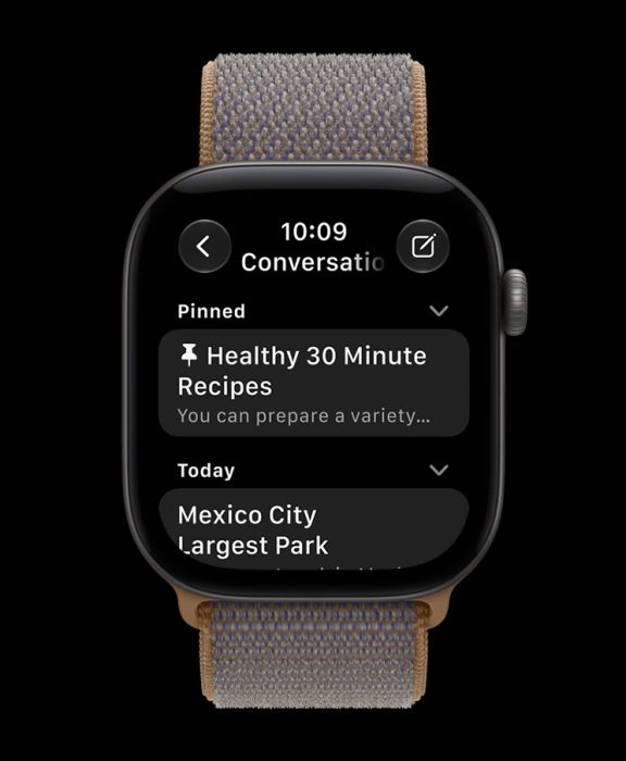 Apple Watch Series 12, természetes titán színben, a Siri AI alkalmazást megjelenítő kijelzővel.