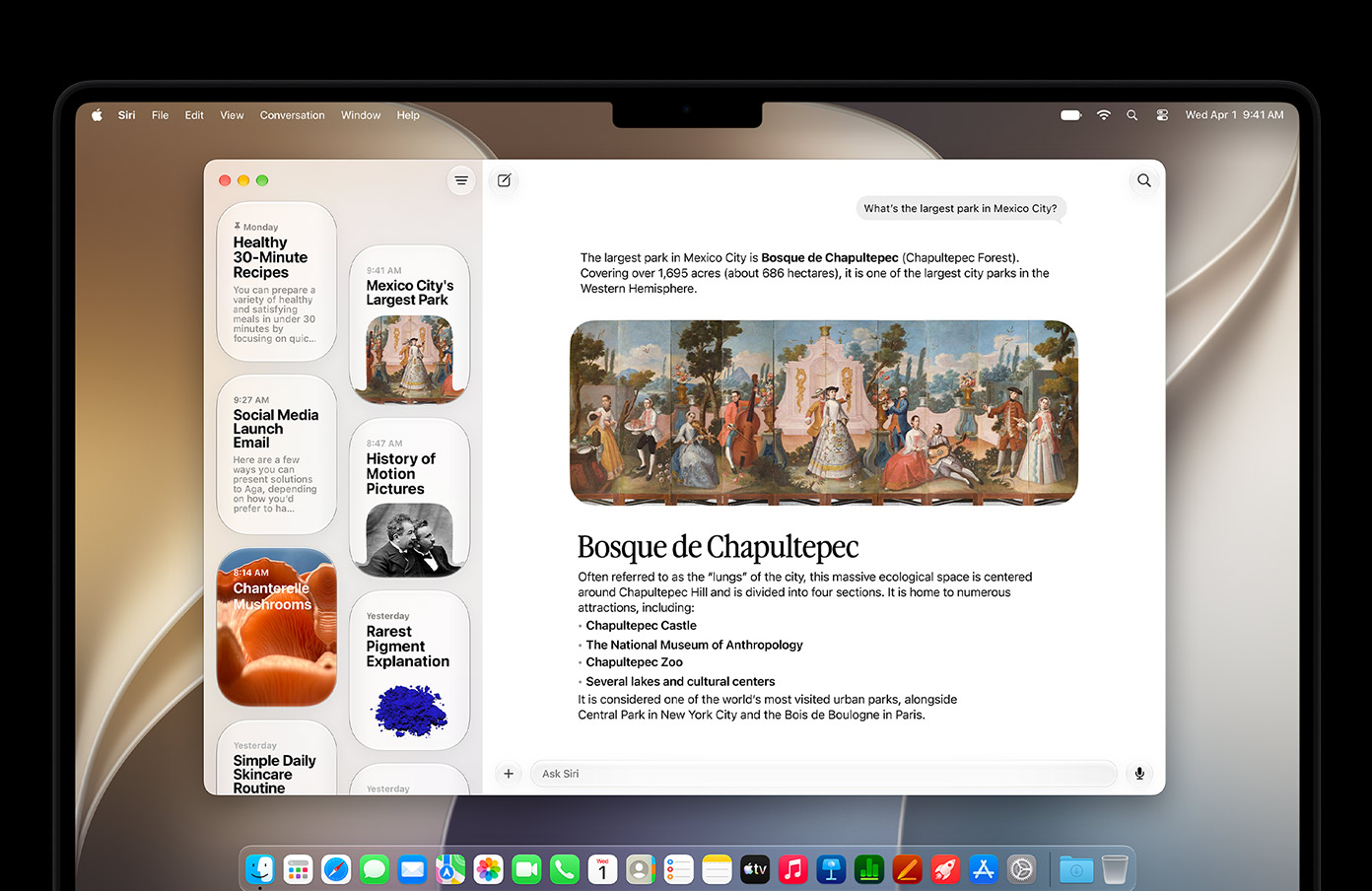Egy 14 hüvelykes asztrofekete MacBook Pro kijelzőjén a Siri appban egy aktív Siri AI-beszélgetés mellett több korábbi beszélgetés is megjelenik az oldalsávon.