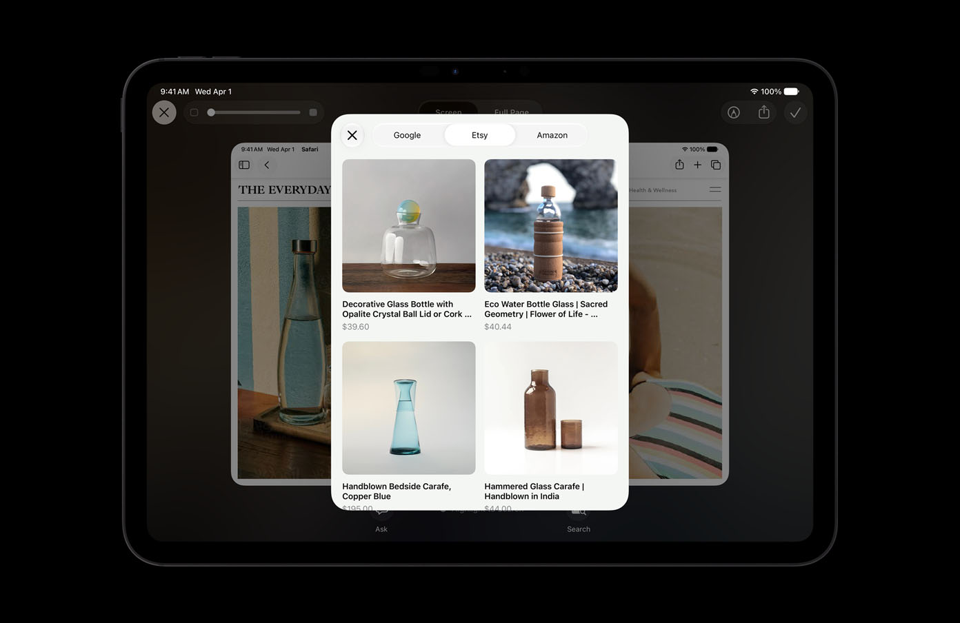 iPad Pro 11, asztrofekete, a kijelzőn üvegpalackokkal kapcsolatos, a képernyő tartalmára vonatkozó vizuális intelligencia-lekérdezésre adott válaszban termékek képei láthatók, a képek alatt pedig az „Ask” és az „Image Search” gombok jelennek meg.