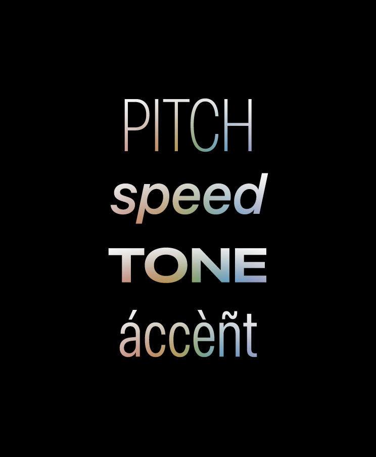 Fekete háttéren megjelenő szöveg a következő hangjellemzők felsorolásával: „pitch” (hangmagasság), „speed” (sebesség), „tone” (hangszín), „accent” (kiejtés).