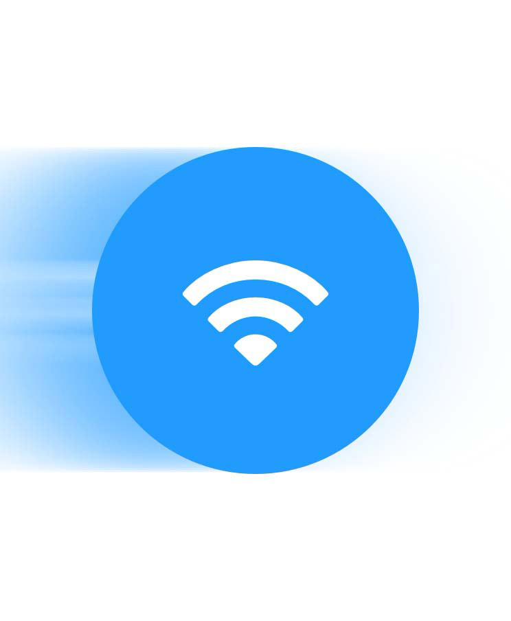 Kék Wi-Fi-ikon mögötte kék fénysávval, amely a gyorsabb kapcsolatot jelképezi.
