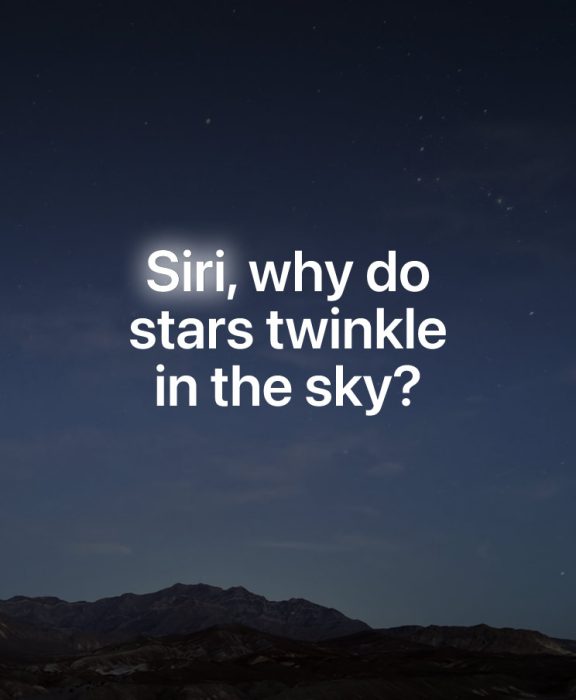 Képernyő egy csillagos éjszakai égbolttal, rajta a Siri AI-nak feltett kérdés szövegével: „Siri, miért pislognak a csillagok az égen?”